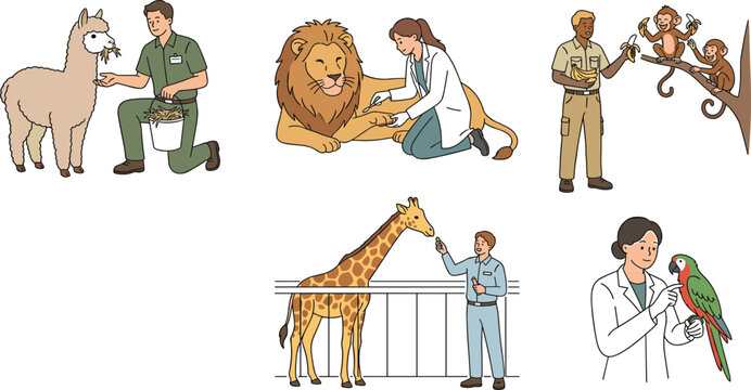 Cartoon Illustrations of Veterinarians Caring for Wild Animals Including Lions, Giraffes, Monkeys, and Birds