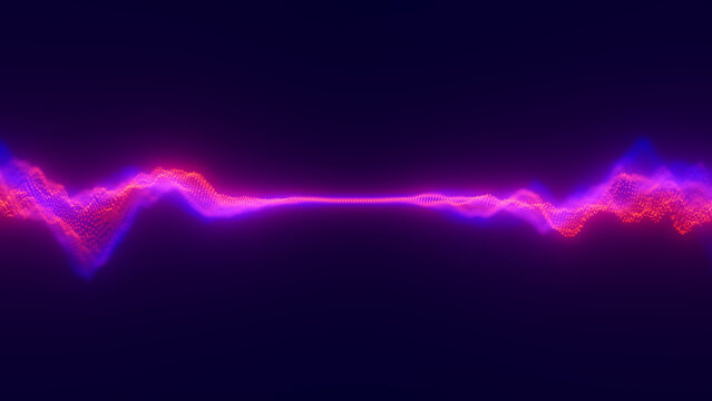 Audio violet waveform digital particle wave background. Abstract music dot waves equalizer. Futuristic point sound wave visualization. AI synthetic voice technology. Distorted dot frequencies.