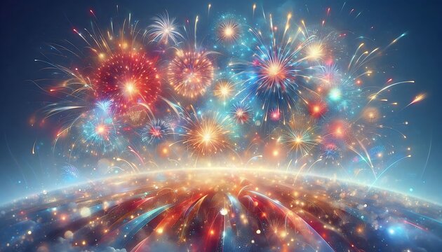 Spectacular Fireworks Exploding Over the Earth Globe