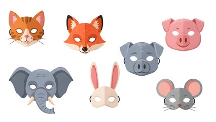 Fototapeta premium Collection of cartoon animal masks including cat, fox, pig, elephant, rabbit, and mouse for children's dress-up and parties