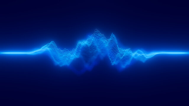 Audio blue waveform digital particle wave background. Abstract music dot waves equalizer. Futuristic point sound wave visualization. AI synthetic voice technology. Distorted dot frequencies.