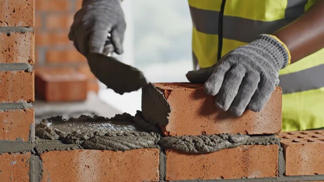 A construction worker meticulously lays bricks with mortar using a trowel, building a wall on a site.