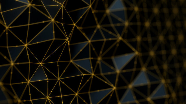 Abstract black triangular mesh with a golden lines and points. Nano quantum process visualization. Ai data digital information layer. Technology concept.
