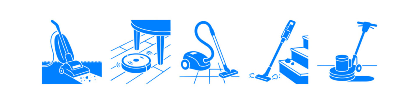 Set of blue flat vector icons showing various vacuum cleaners and floor maintenance equipment, including robot, upright, canister, cordless stick vacuum, and industrial floor buffer.