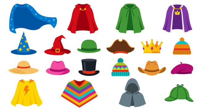Colorful capes and hats set. Collection of colorful hats capes. Vector illustration.