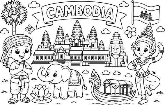 cambodia cartoon outline hand drawn Line Art illustration doodle art coloring page for kids