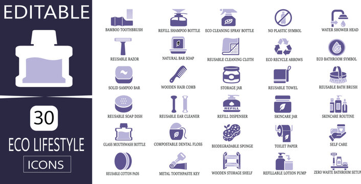 Eco lifestyle icons set, 30 zero waste and sustainable living vector symbols, purple flat icons for environmental conservation and plastic free products