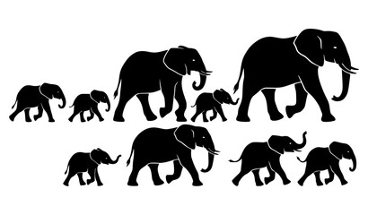 African elephant silhouette vector set with realistic safari animal profiles isolated on white © Md