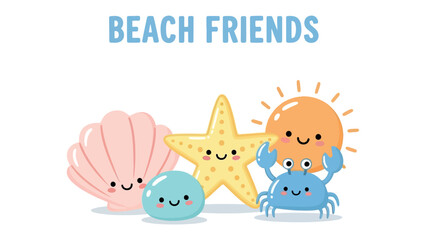Fototapeta premium Beach Friends: A charming illustration featuring a smiling seashell, starfish, stone, sun, and crab, a joyful portrayal of camaraderie and seaside bliss.