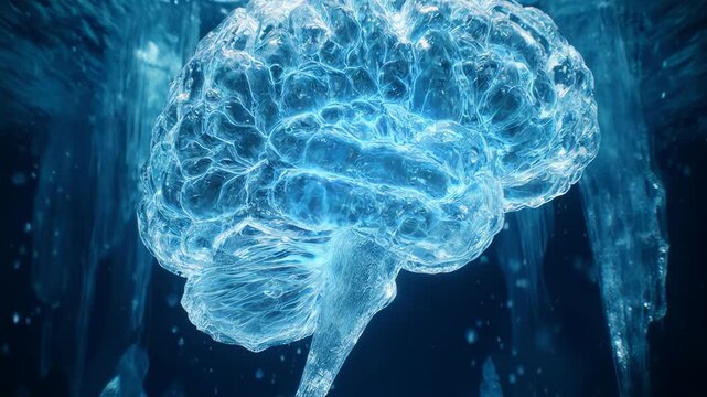 Glowing frozen brain drifting through an icy underwater cavern