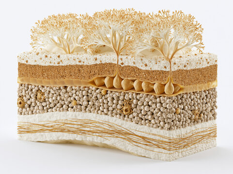 Human bone marrow trabecular anatomy illustration showing cancellous bone architecture vascular tree marrow spaces and osteocyte network organization in warm amber gold tones on white background