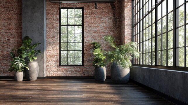 Industrial style room interior with red brick walls, large factory windows, and indoor potted plants on wooden floor. Empty sunlit loft space.