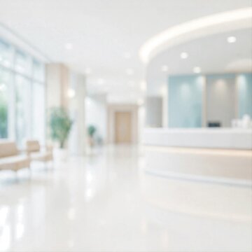 Modern hospital reception lobby interior with soft lighting and clean luxury design, blur background copy space

