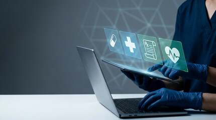 Pharmacist using digital interface on laptop for healthcare data analysis © Beatriz