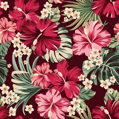 Adobe IllustratoVector seamless pattern Exotic   wallpaper of tropical flowers  green leaves of palm trees and flowers bird of paradis, hibiscus, artwork for fabrics, souvenirs, packaging, grr Artwork © Aglaia