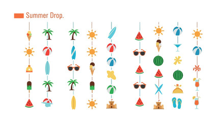 Fototapeta premium Summer Drop: A vibrant collection of summer-themed icons, artfully arranged to capture the essence of sun-drenched days, from refreshing treats to beach essentials.