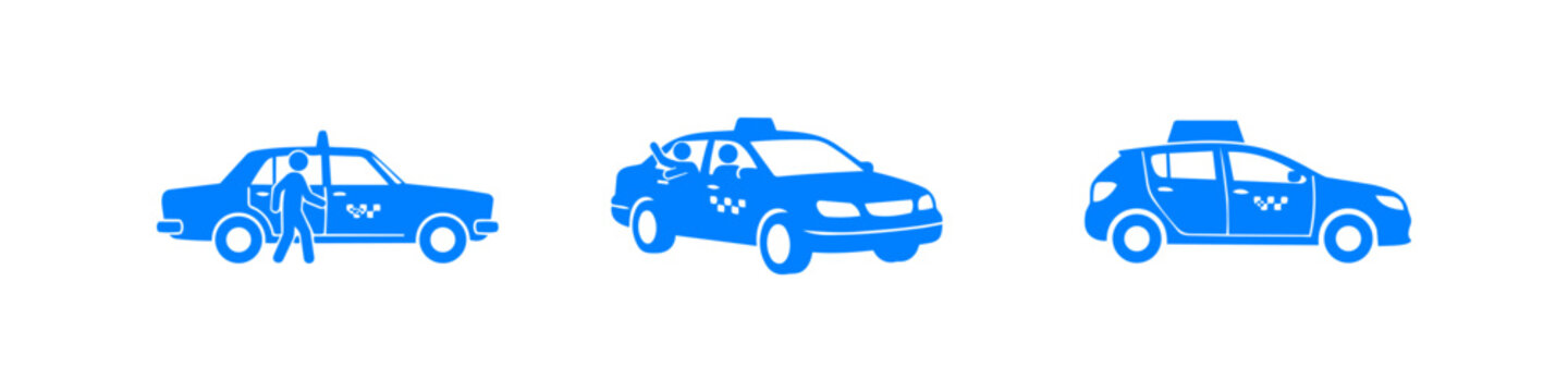 Vector set of blue taxi icons including passengers, drivers, and different car models. Minimalist flat design for transportation, urban mobility, ride-sharing, and logistics concepts.