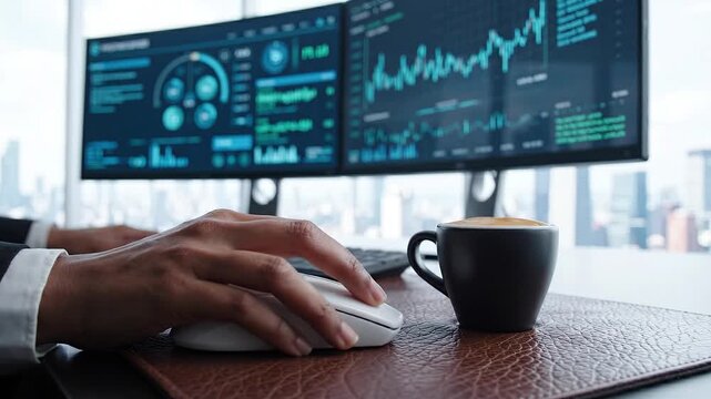 Close up of a professional trader using a mouse with dual monitors showing real-time financial stock market charts and data