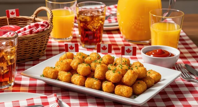 Canadian tater tot appetizers with ketchup on red checkered tablecloth