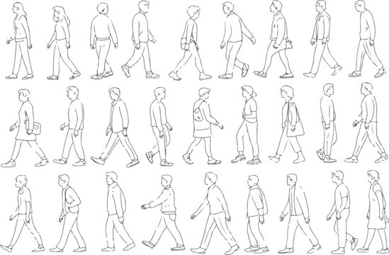 Black and white human motion illustration collection showing casual walking poses from multiple views in minimalist anatomy reference grid composition