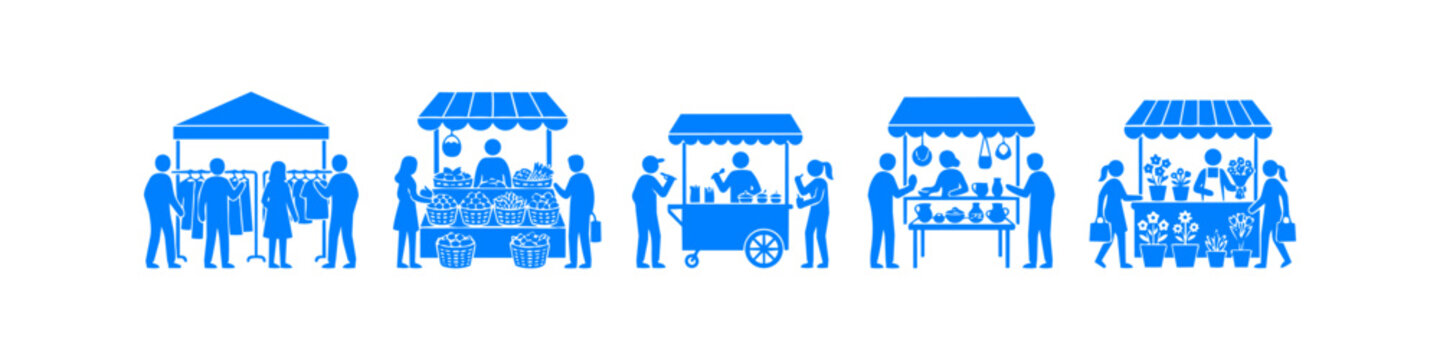 Blue flat icons representing various street market stalls including clothing, produce, food, pottery, and flowers with vendors and customers. Ideal for retail and commerce themes.