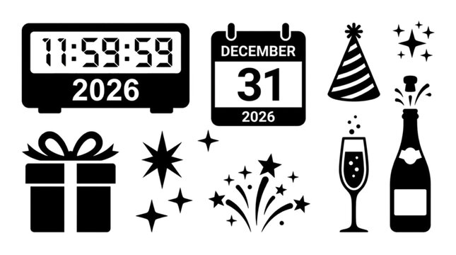 New year's eve celebration icons with countdown timer gift champagne and fireworks