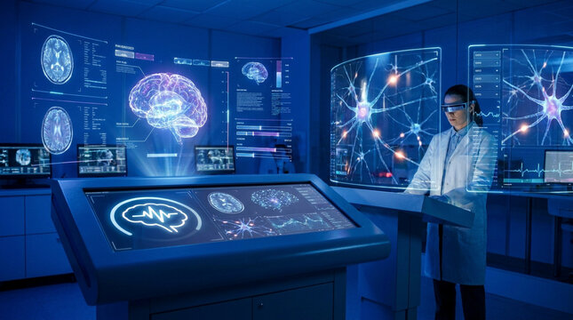 Scientist analyzing brain activity data on futuristic digital interface in lab