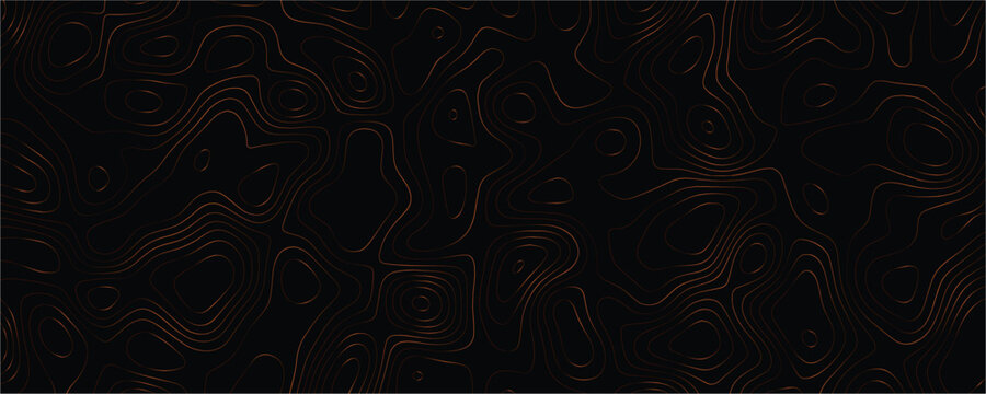 Copper topographic map contour lines on a solid black background creating an abstract flowing pattern of concentric shapes and organic curves