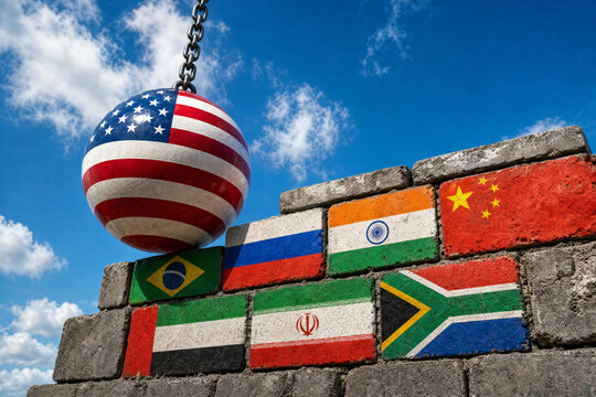 American flag ball hanging over brick wall with international flags