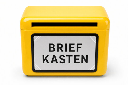 Yellow mailbox with front label brief kasten and mail slot