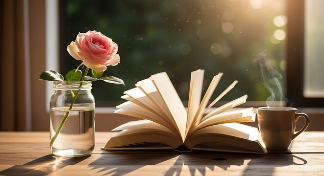 Open book, rose in vase, steaming coffee cup on sunlit wooden table