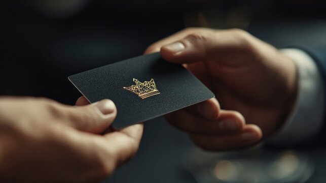 Person handing over a premium black textured card with a golden crown emblem, luxury membership or credit card exchange.