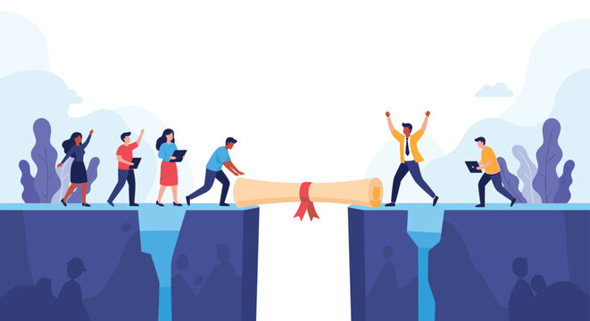Students and professionals working together to bridge a career gap using a large rolled diploma representing education and skills.