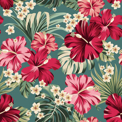 Vector seamless pattern Exotic   wallpaper of tropical flowers  green leaves of palm trees and flowers bird of paradis, hibiscus, artwork for fabrics, souvenirs, packaging, greeting cards  © Aglaia