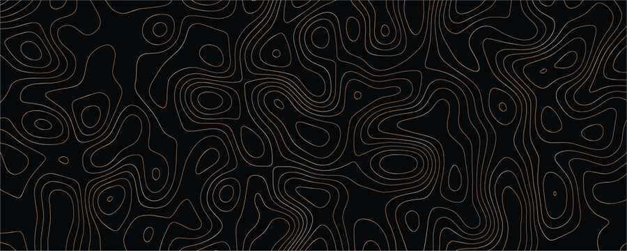 Topographic map contour lines in thin copper brown strokes on a solid black background representing geographical elevation data and terrain patterns in a minimalist style