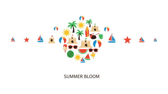 Summer Bloom: A vibrant summer bloom, composed of various playful elements, evokes the spirit of summer fun and the delights of sunny days, sunbathing and relaxation.