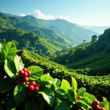 Rolling hills of vibrant green coffee plants laden with ripe red berries , abundant, scenic hills, shade