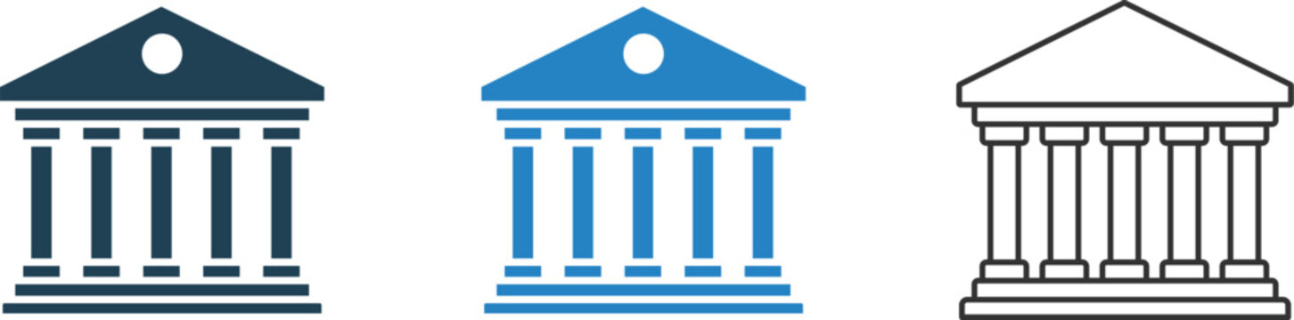 Bank building icon set featuring classical pillars and triangular roof in solid blue and outline styles, Government courthouse icon set.