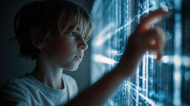 A young boy with focused eyes interacts with a glowing futuristic digital interface. ..Created with Generative AI, not depicting real subjects.