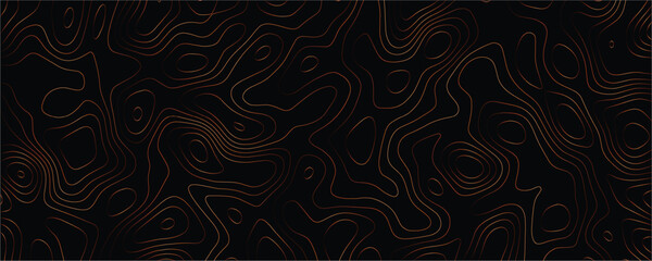 Topographic map pattern with thin copper contour lines on a solid black background representing elevation changes and geographic terrain in a repeating abstract linear © VxGFX