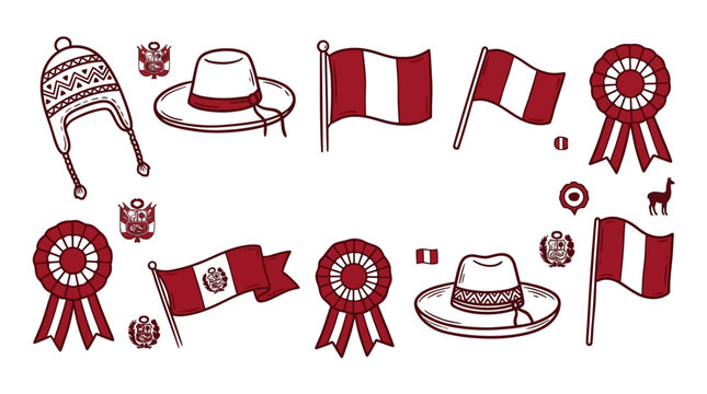 Hand drawn doodle set celebrating Peru Independence Day and national culture.