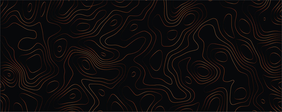Topographic map pattern with thin copper contour lines on a solid black background representing elevation changes and geographic terrain in a repeating abstract linear