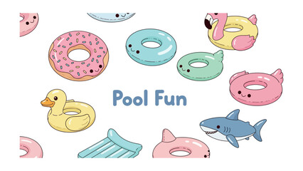 Fototapeta premium Pool Fun Accessories: An array of adorable, colorful inflatable pool floats, including a doughnut, flamingo, shark, duck, and more, playfully arranged to evoke summer joy and relaxation.