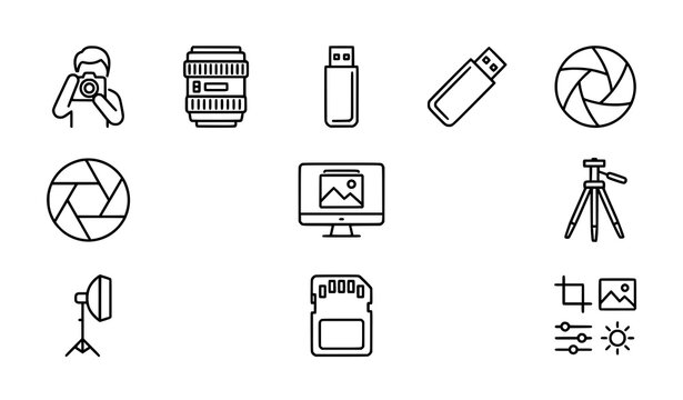 Photographer line icon set with camera lens and photography tools vector symbols