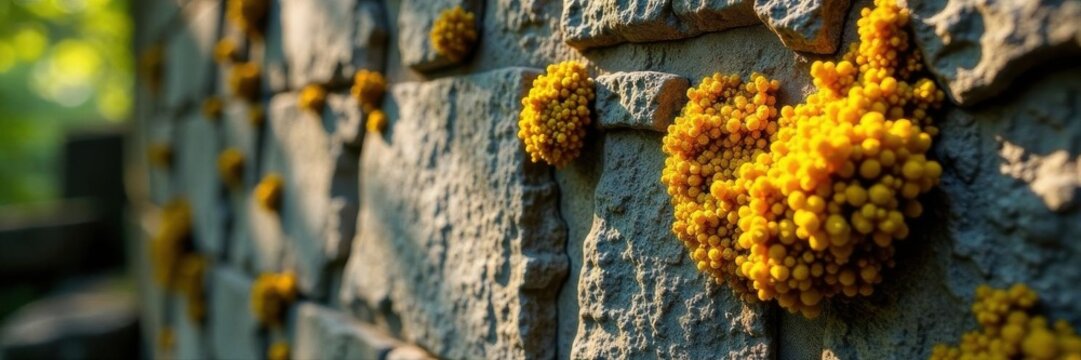Sun-drenched yellow lichen clinging to ancient stone , flora, fungus