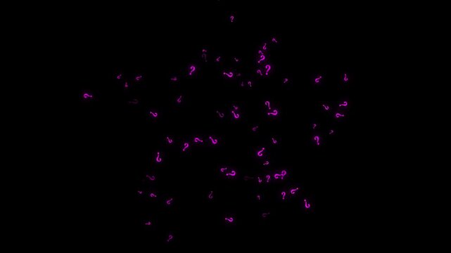 Purple neon question mark animation with glowing floating symbols, abstract mystery effects and seamless cinematic motion graphics on black background. 4k