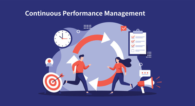Continuous performance management concept with people running in a loop around a target for business growth and feedback.