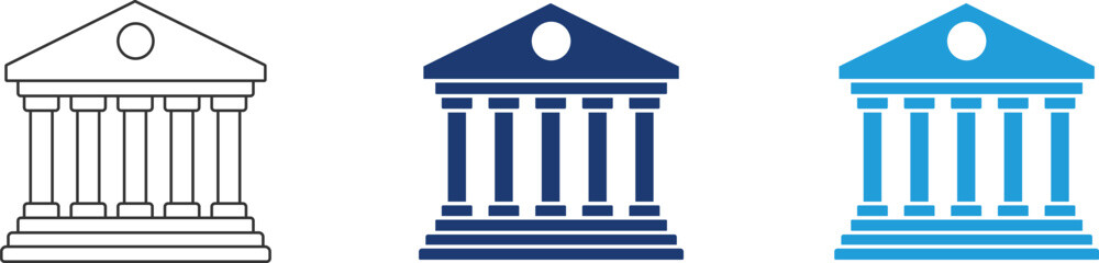 Fototapeta premium Bank building icons set. Showcasing financial institutions, government offices, court buildings and classical architecture symbols.