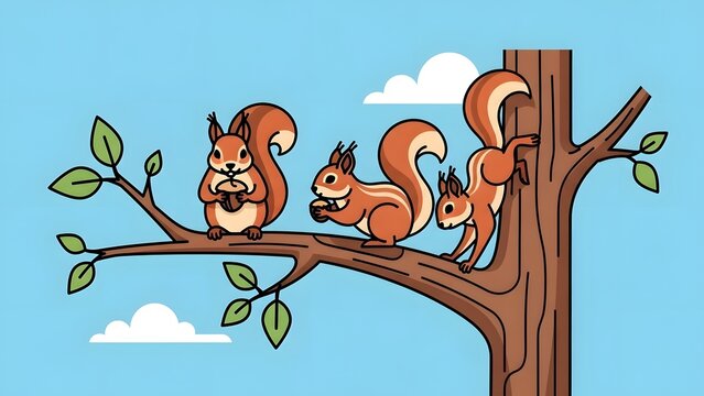 A cheerful illustration showcases three busy squirrels interacting on a tree branch, with one enjoying a nut, another observing, and a third playfully climbing, depicting forest life