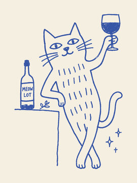 Cat Holding Wine Glass Naive Blue Sketch Vector